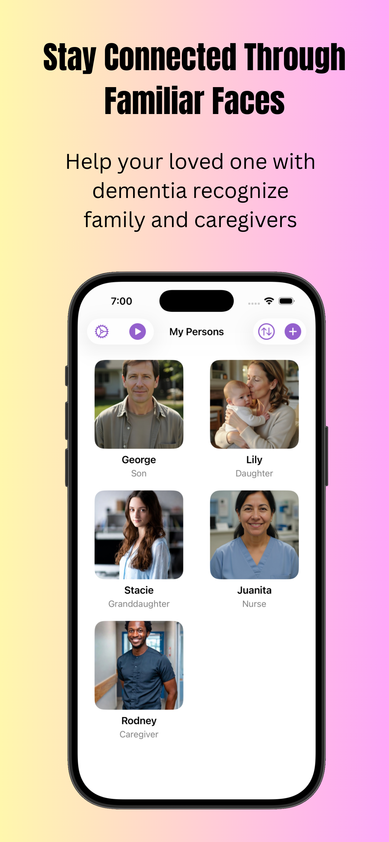 Cherished app showing photo slideshow with family member